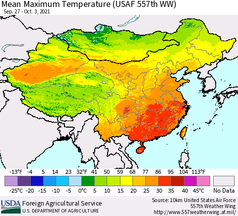 China, Mongolia and Taiwan Mean Maximum Temperature (USAF 557th WW) Thematic Map For 9/27/2021 - 10/3/2021