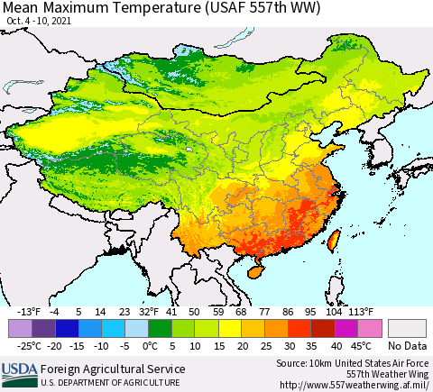 China, Mongolia and Taiwan Mean Maximum Temperature (USAF 557th WW) Thematic Map For 10/4/2021 - 10/10/2021