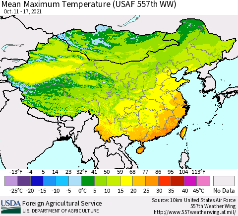 China, Mongolia and Taiwan Mean Maximum Temperature (USAF 557th WW) Thematic Map For 10/11/2021 - 10/17/2021