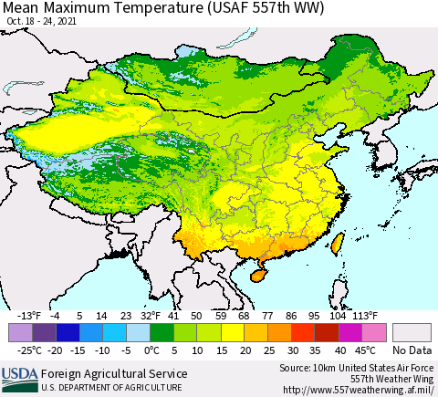 China, Mongolia and Taiwan Mean Maximum Temperature (USAF 557th WW) Thematic Map For 10/18/2021 - 10/24/2021