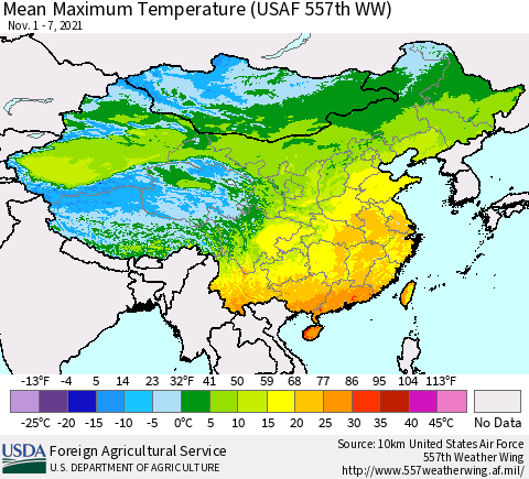 China, Mongolia and Taiwan Mean Maximum Temperature (USAF 557th WW) Thematic Map For 11/1/2021 - 11/7/2021
