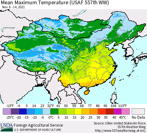 China, Mongolia and Taiwan Mean Maximum Temperature (USAF 557th WW) Thematic Map For 11/8/2021 - 11/14/2021