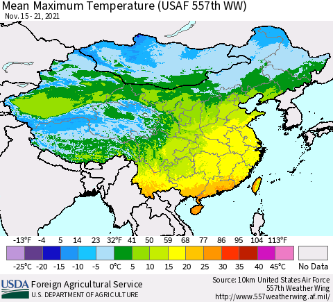 China, Mongolia and Taiwan Mean Maximum Temperature (USAF 557th WW) Thematic Map For 11/15/2021 - 11/21/2021