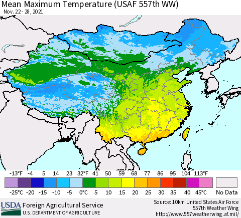 China, Mongolia and Taiwan Mean Maximum Temperature (USAF 557th WW) Thematic Map For 11/22/2021 - 11/28/2021