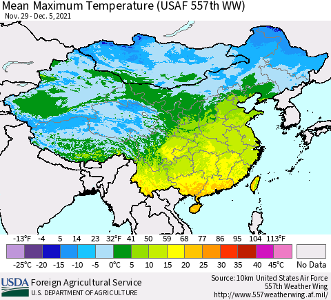 China, Mongolia and Taiwan Mean Maximum Temperature (USAF 557th WW) Thematic Map For 11/29/2021 - 12/5/2021