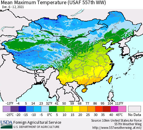 China, Mongolia and Taiwan Mean Maximum Temperature (USAF 557th WW) Thematic Map For 12/6/2021 - 12/12/2021