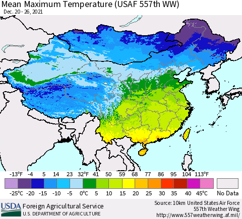 China, Mongolia and Taiwan Mean Maximum Temperature (USAF 557th WW) Thematic Map For 12/20/2021 - 12/26/2021