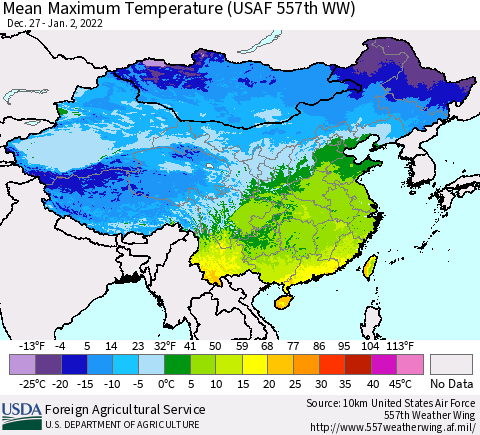 China, Mongolia and Taiwan Mean Maximum Temperature (USAF 557th WW) Thematic Map For 12/27/2021 - 1/2/2022
