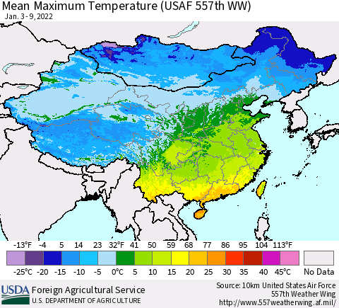 China, Mongolia and Taiwan Mean Maximum Temperature (USAF 557th WW) Thematic Map For 1/3/2022 - 1/9/2022