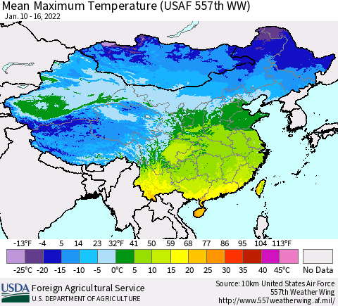 China, Mongolia and Taiwan Mean Maximum Temperature (USAF 557th WW) Thematic Map For 1/10/2022 - 1/16/2022