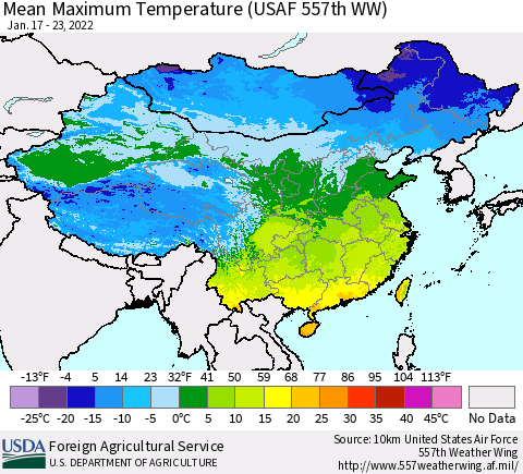 China, Mongolia and Taiwan Mean Maximum Temperature (USAF 557th WW) Thematic Map For 1/17/2022 - 1/23/2022