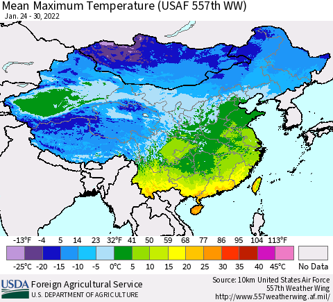 China, Mongolia and Taiwan Mean Maximum Temperature (USAF 557th WW) Thematic Map For 1/24/2022 - 1/30/2022