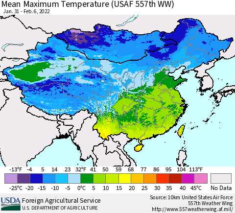 China, Mongolia and Taiwan Mean Maximum Temperature (USAF 557th WW) Thematic Map For 1/31/2022 - 2/6/2022