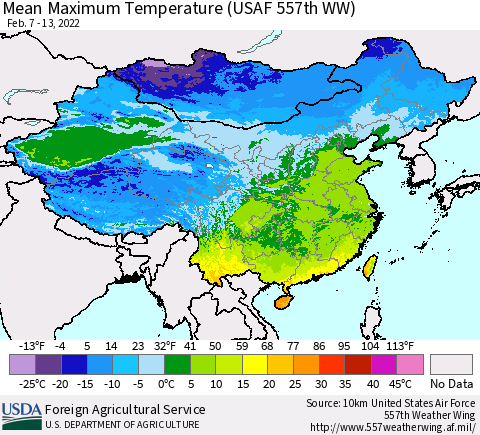 China, Mongolia and Taiwan Mean Maximum Temperature (USAF 557th WW) Thematic Map For 2/7/2022 - 2/13/2022