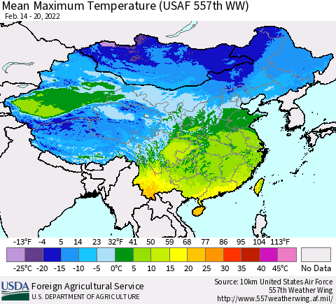 China, Mongolia and Taiwan Mean Maximum Temperature (USAF 557th WW) Thematic Map For 2/14/2022 - 2/20/2022