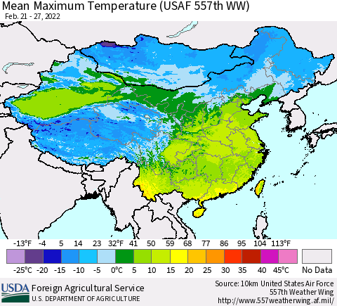 China, Mongolia and Taiwan Mean Maximum Temperature (USAF 557th WW) Thematic Map For 2/21/2022 - 2/27/2022