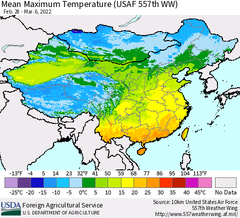 China, Mongolia and Taiwan Mean Maximum Temperature (USAF 557th WW) Thematic Map For 2/28/2022 - 3/6/2022