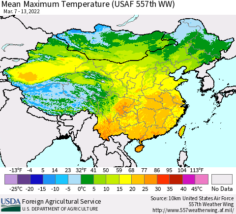 China, Mongolia and Taiwan Mean Maximum Temperature (USAF 557th WW) Thematic Map For 3/7/2022 - 3/13/2022