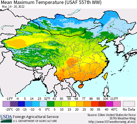 China, Mongolia and Taiwan Mean Maximum Temperature (USAF 557th WW) Thematic Map For 3/14/2022 - 3/20/2022