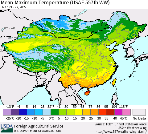 China, Mongolia and Taiwan Mean Maximum Temperature (USAF 557th WW) Thematic Map For 3/21/2022 - 3/27/2022