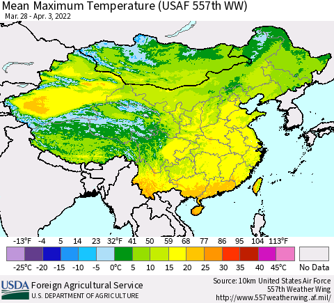 China, Mongolia and Taiwan Mean Maximum Temperature (USAF 557th WW) Thematic Map For 3/28/2022 - 4/3/2022