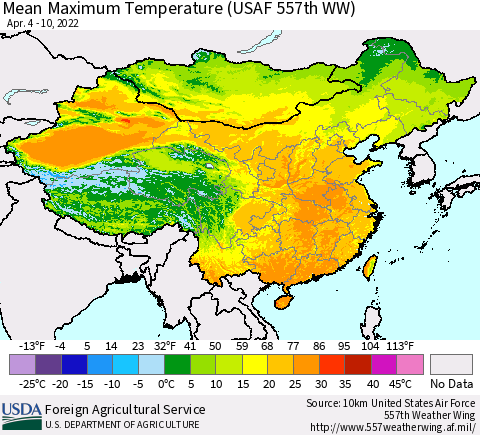 China, Mongolia and Taiwan Mean Maximum Temperature (USAF 557th WW) Thematic Map For 4/4/2022 - 4/10/2022