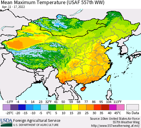 China, Mongolia and Taiwan Mean Maximum Temperature (USAF 557th WW) Thematic Map For 4/11/2022 - 4/17/2022
