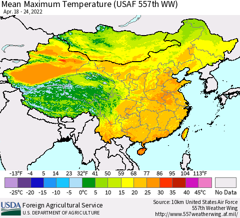 China, Mongolia and Taiwan Mean Maximum Temperature (USAF 557th WW) Thematic Map For 4/18/2022 - 4/24/2022
