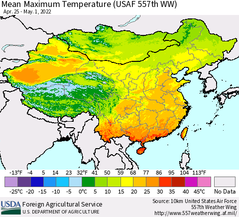 China, Mongolia and Taiwan Mean Maximum Temperature (USAF 557th WW) Thematic Map For 4/25/2022 - 5/1/2022