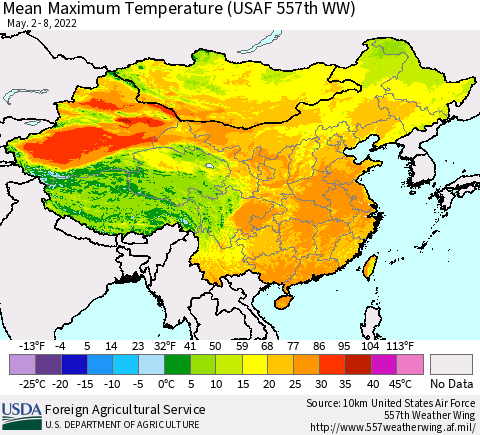 China, Mongolia and Taiwan Mean Maximum Temperature (USAF 557th WW) Thematic Map For 5/2/2022 - 5/8/2022