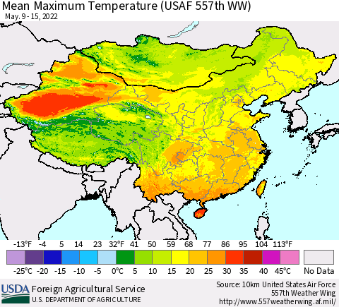 China, Mongolia and Taiwan Mean Maximum Temperature (USAF 557th WW) Thematic Map For 5/9/2022 - 5/15/2022