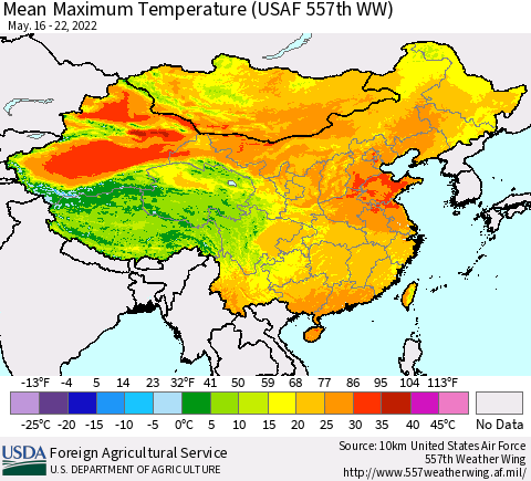 China, Mongolia and Taiwan Mean Maximum Temperature (USAF 557th WW) Thematic Map For 5/16/2022 - 5/22/2022