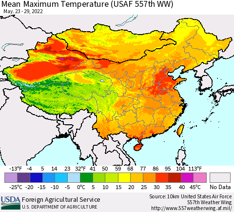 China, Mongolia and Taiwan Mean Maximum Temperature (USAF 557th WW) Thematic Map For 5/23/2022 - 5/29/2022