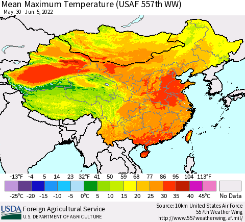 China, Mongolia and Taiwan Mean Maximum Temperature (USAF 557th WW) Thematic Map For 5/30/2022 - 6/5/2022