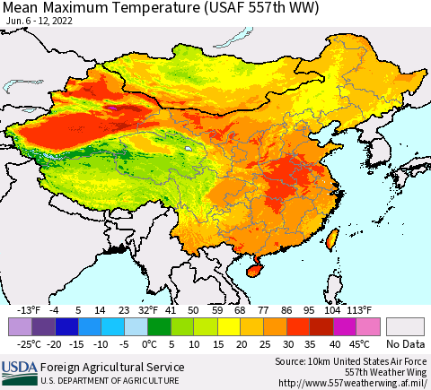 China, Mongolia and Taiwan Mean Maximum Temperature (USAF 557th WW) Thematic Map For 6/6/2022 - 6/12/2022