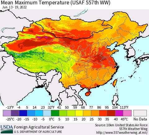 China, Mongolia and Taiwan Mean Maximum Temperature (USAF 557th WW) Thematic Map For 6/13/2022 - 6/19/2022