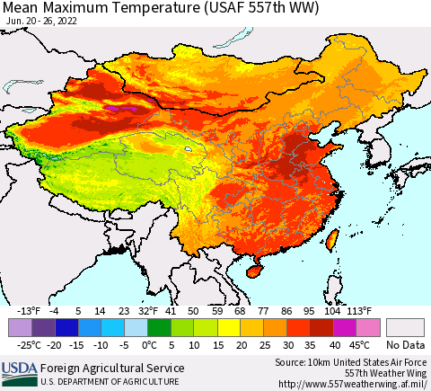 China, Mongolia and Taiwan Mean Maximum Temperature (USAF 557th WW) Thematic Map For 6/20/2022 - 6/26/2022