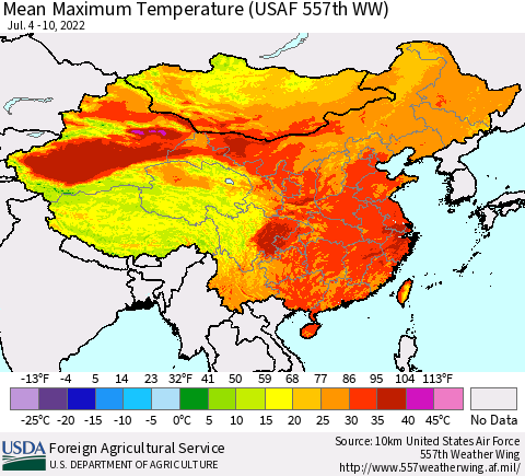 China, Mongolia and Taiwan Mean Maximum Temperature (USAF 557th WW) Thematic Map For 7/4/2022 - 7/10/2022