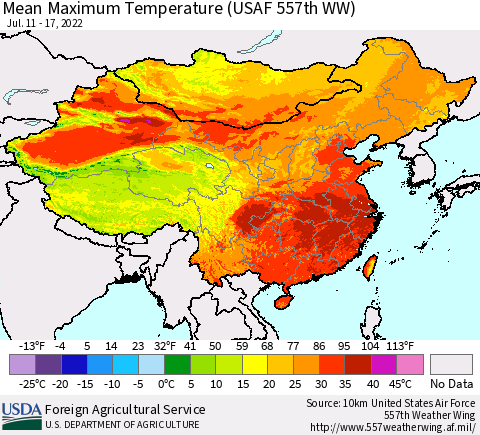 China, Mongolia and Taiwan Mean Maximum Temperature (USAF 557th WW) Thematic Map For 7/11/2022 - 7/17/2022