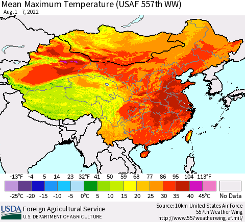China, Mongolia and Taiwan Mean Maximum Temperature (USAF 557th WW) Thematic Map For 8/1/2022 - 8/7/2022