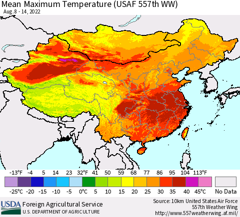 China, Mongolia and Taiwan Mean Maximum Temperature (USAF 557th WW) Thematic Map For 8/8/2022 - 8/14/2022