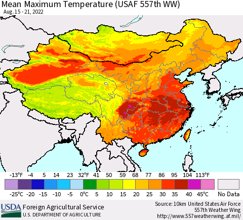 China, Mongolia and Taiwan Mean Maximum Temperature (USAF 557th WW) Thematic Map For 8/15/2022 - 8/21/2022