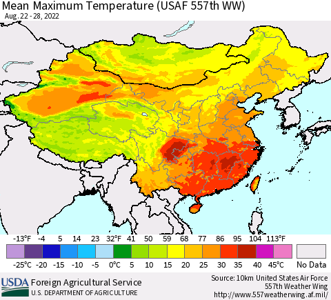 China, Mongolia and Taiwan Mean Maximum Temperature (USAF 557th WW) Thematic Map For 8/22/2022 - 8/28/2022