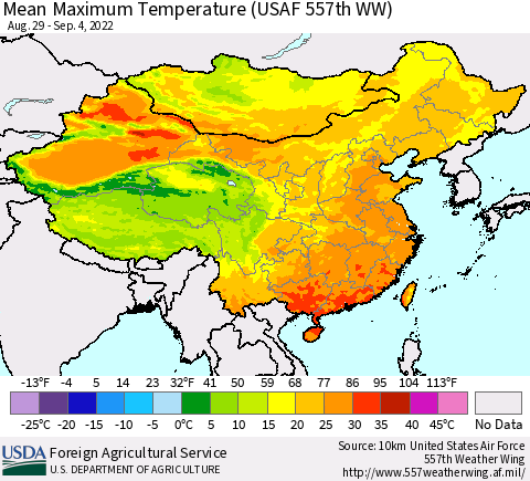 China, Mongolia and Taiwan Mean Maximum Temperature (USAF 557th WW) Thematic Map For 8/29/2022 - 9/4/2022