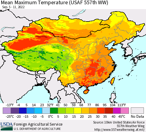 China, Mongolia and Taiwan Mean Maximum Temperature (USAF 557th WW) Thematic Map For 9/5/2022 - 9/11/2022