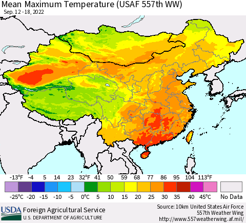 China, Mongolia and Taiwan Mean Maximum Temperature (USAF 557th WW) Thematic Map For 9/12/2022 - 9/18/2022