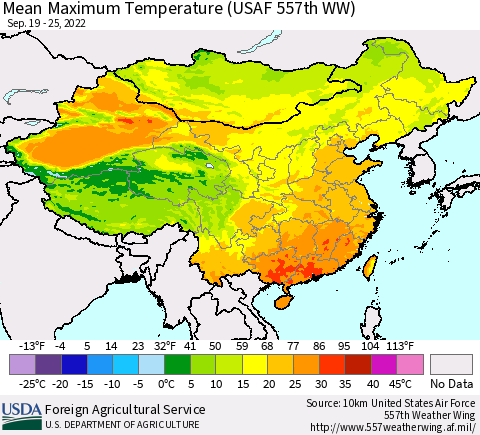 China, Mongolia and Taiwan Mean Maximum Temperature (USAF 557th WW) Thematic Map For 9/19/2022 - 9/25/2022