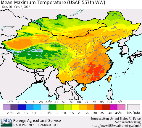 China, Mongolia and Taiwan Mean Maximum Temperature (USAF 557th WW) Thematic Map For 9/26/2022 - 10/2/2022