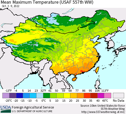 China, Mongolia and Taiwan Mean Maximum Temperature (USAF 557th WW) Thematic Map For 10/3/2022 - 10/9/2022