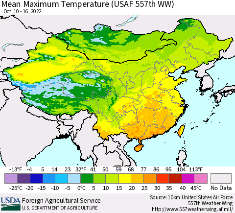 China, Mongolia and Taiwan Mean Maximum Temperature (USAF 557th WW) Thematic Map For 10/10/2022 - 10/16/2022